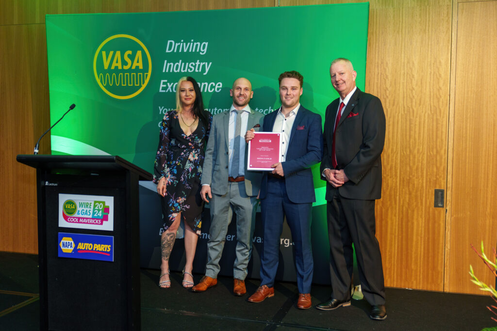 From left - VASA directors Casey Swain and Brendan Sorensen with award winner Dion Carle and REDARC's David Schneiders